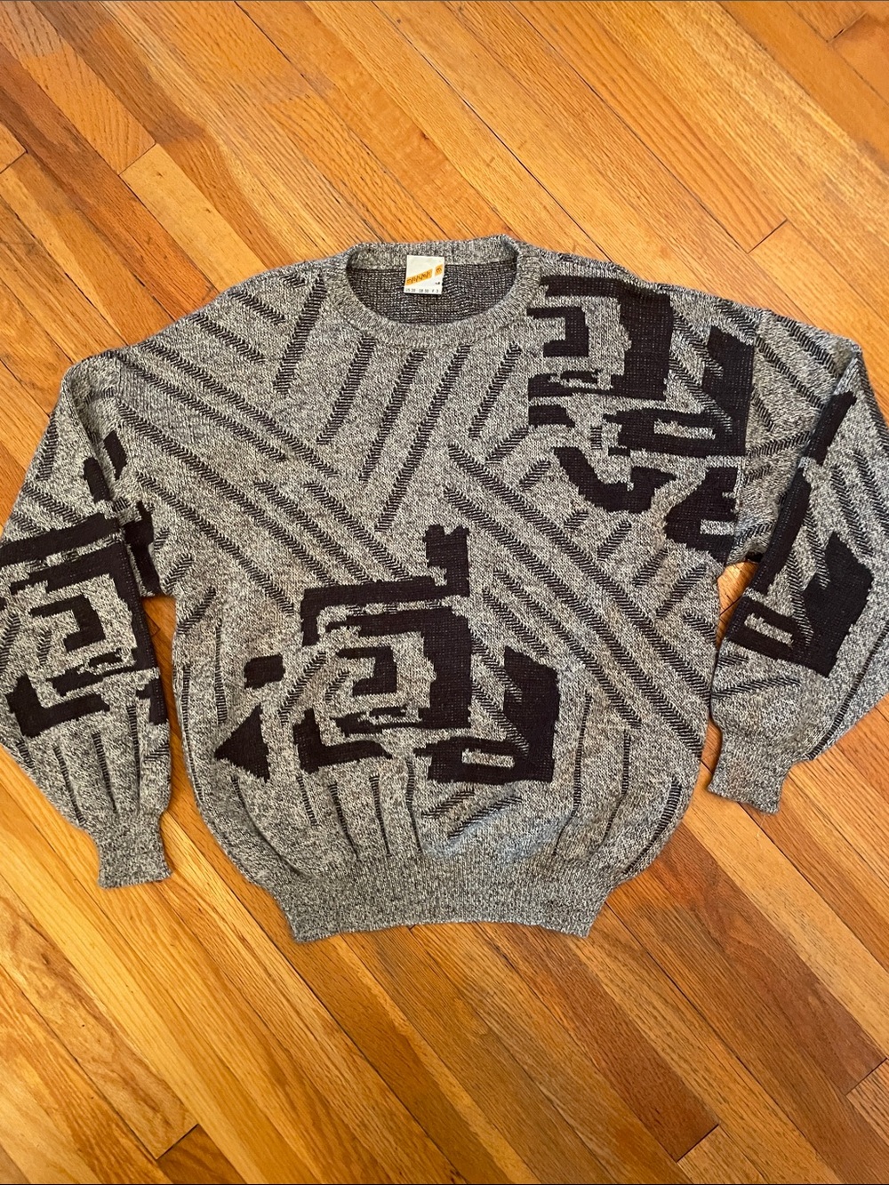 MASER Vintage Wool-Blend Retro Geometric Crewneck Cottagecore Grandpa Sweater